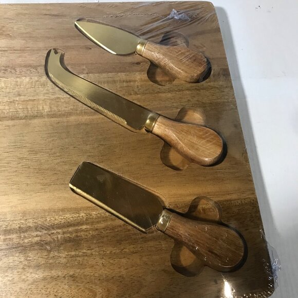 Acacia Wood Cheese Board Charcuterie Board 3 Stainless Steel Knives Gold Tone - Picture 5 of 9